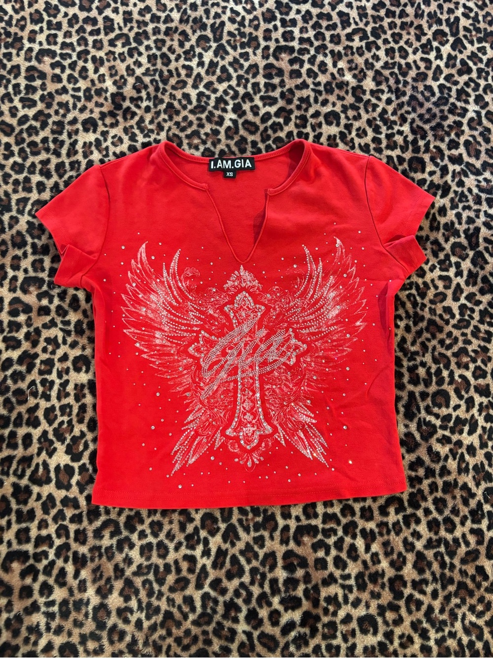I.AM.GIA Red Short-Sleeve Tee with Silver Winged Cross Graphic